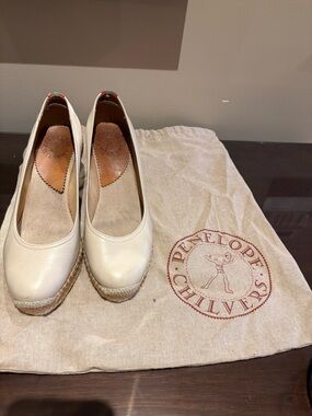 Penelope Chilvers Cream Leather Espadrille Wedges with Espadrille Trim